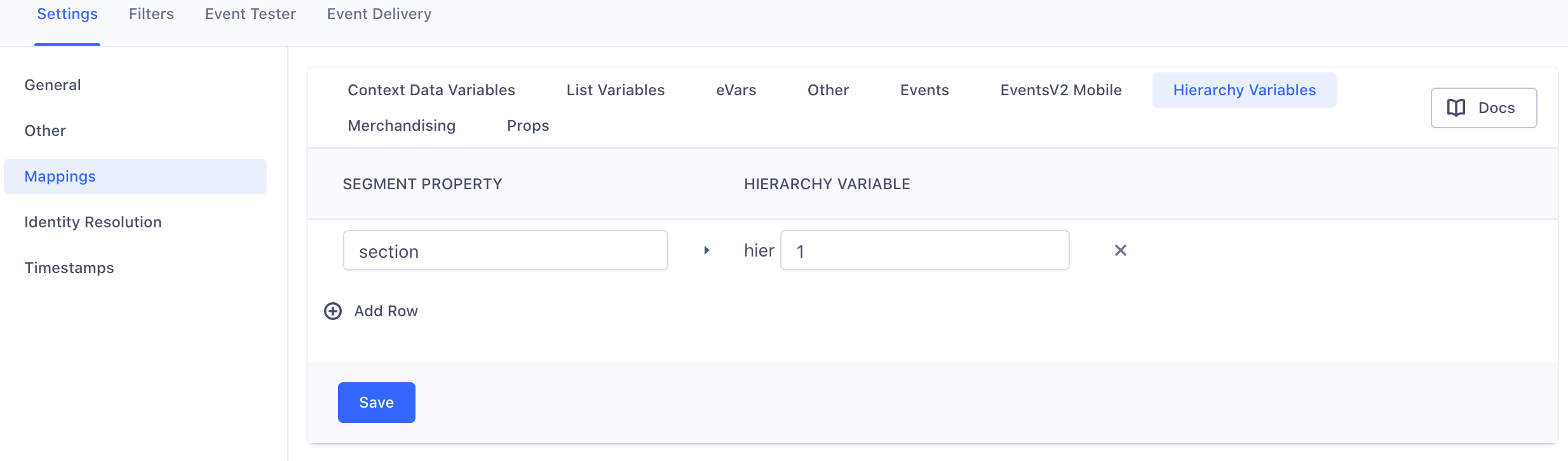 A screenshot of the Adobe Analytics settings page in Segment, with the Mappings section selected and a sample event mapping under the Hierarchy Values tab.