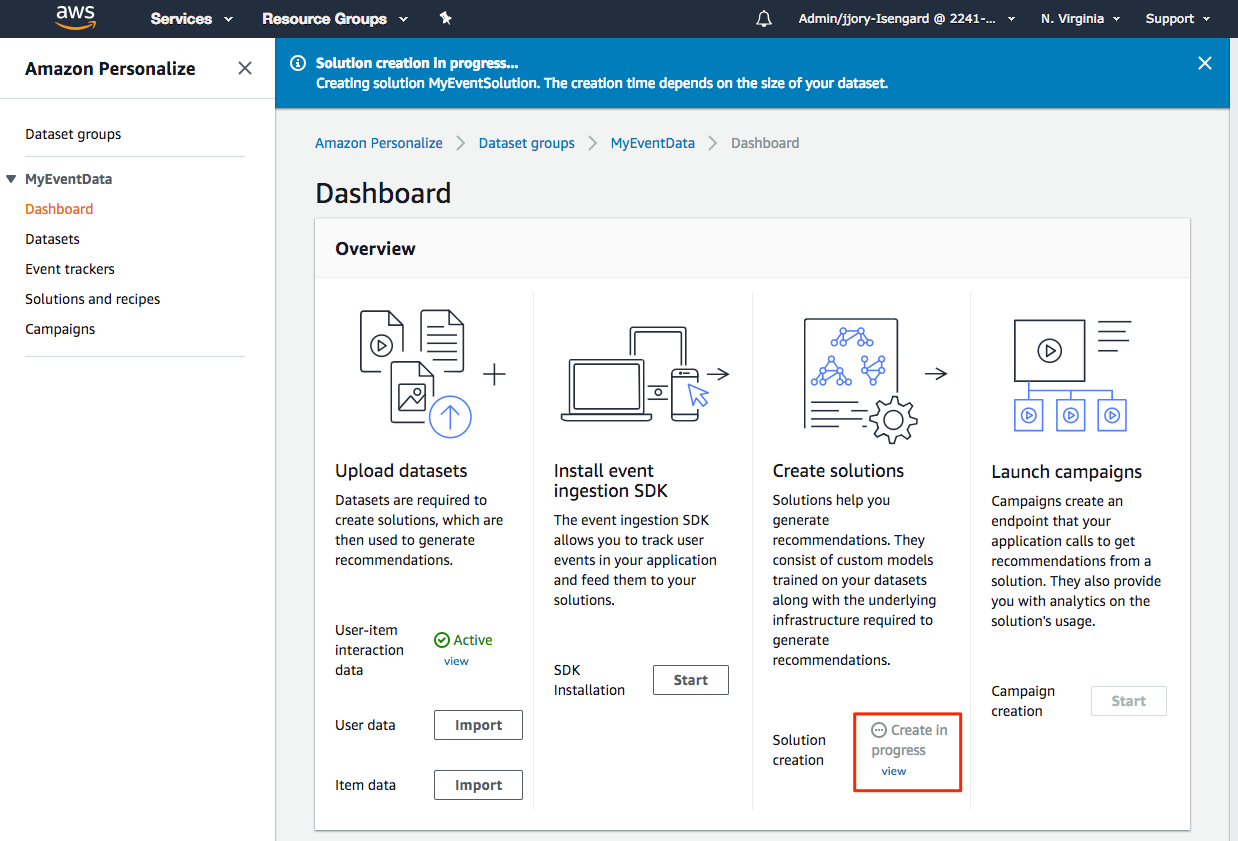 A screenshot of the Dataset groups dashboard, with a box around the status of the solution creation (Create in progress).