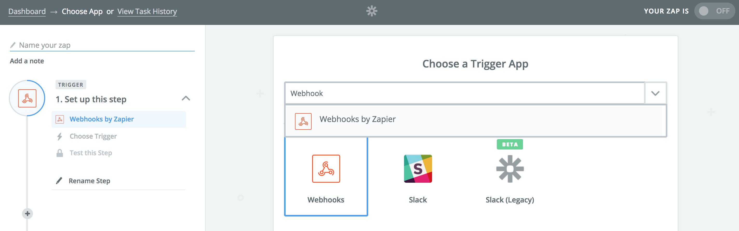 Screenshot of the Make a Zap setup flow in Zapier.