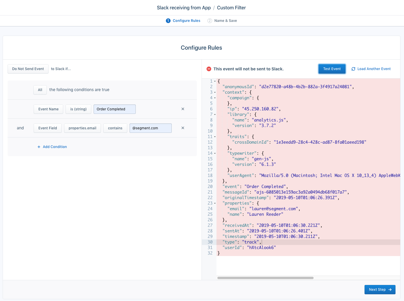 Internal domain filter example