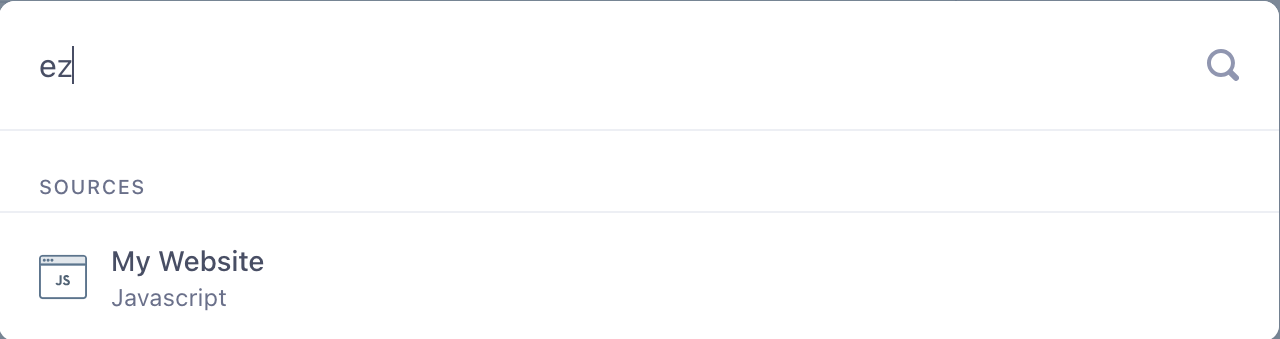 Screenshot of the in-app search function, with a Javascript source named My Website in the list of search results.