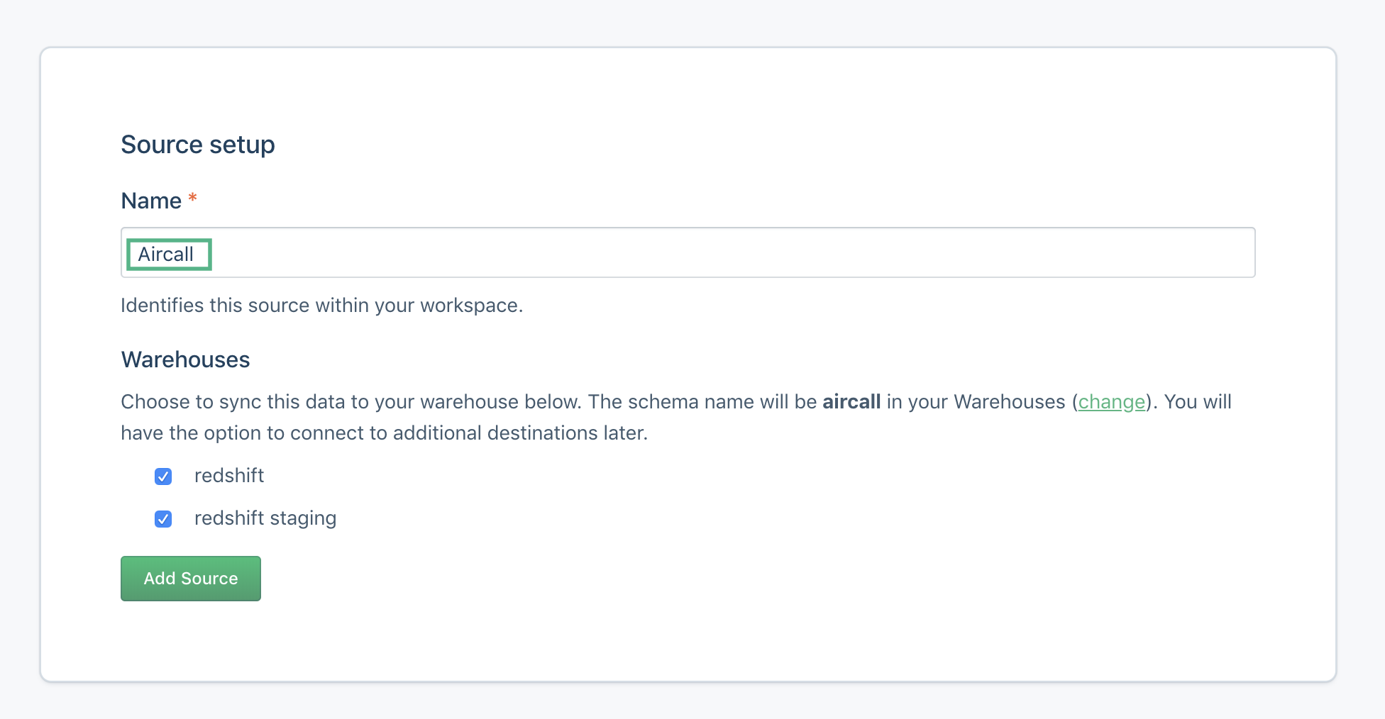 A screenshot of the Source setup page in Segment, with two warehouses connected.