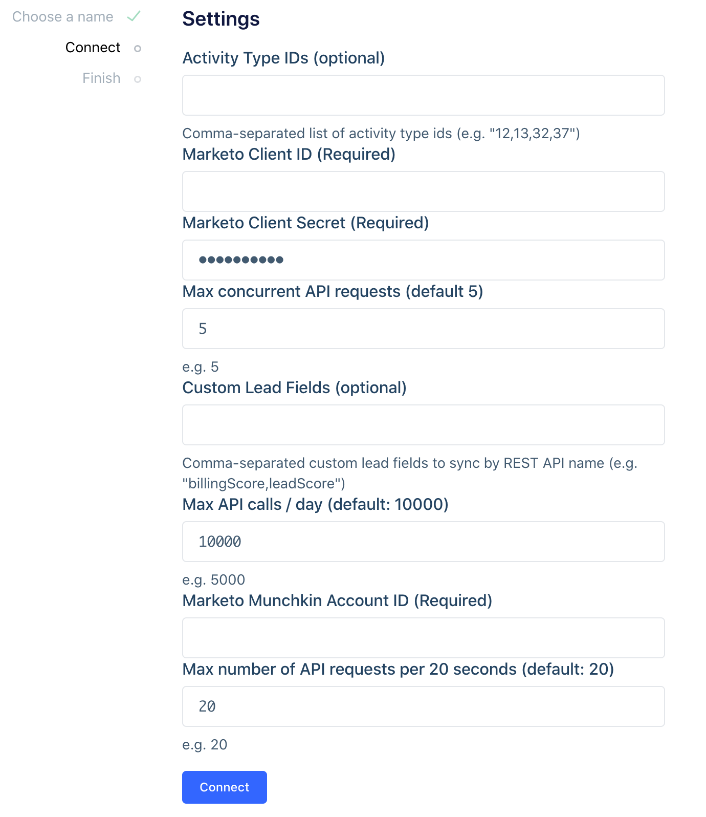 Screenshot of the set up flow for the Marketo source.