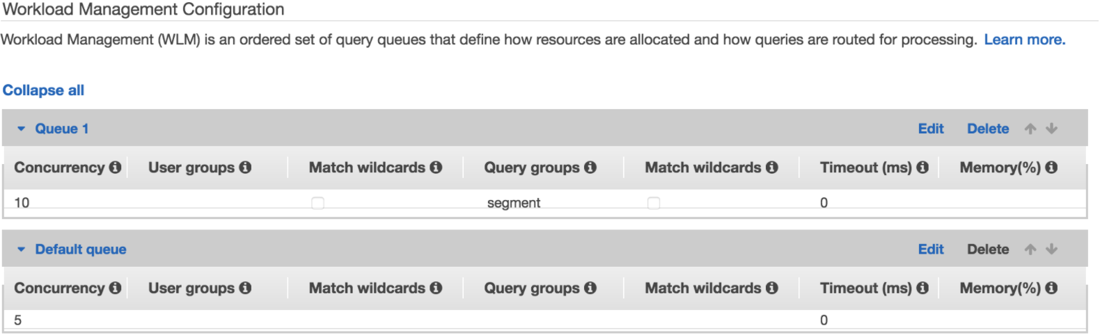Screenshot of the Workload Management Configuration settings page in AWS with a named queue, Queue 1, and the default queue present.