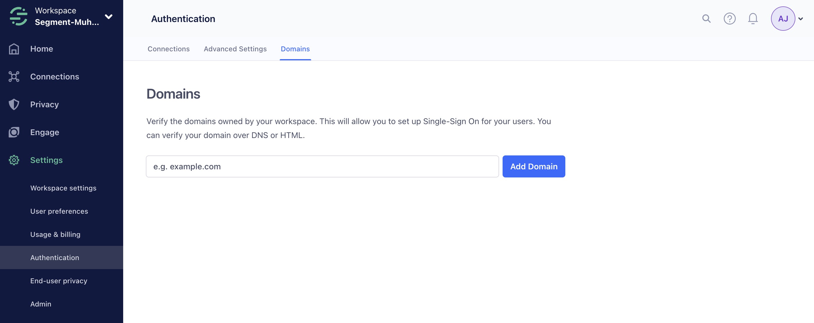 Screenshot of the Domains page under the Authentication section of the Workspace Settings.